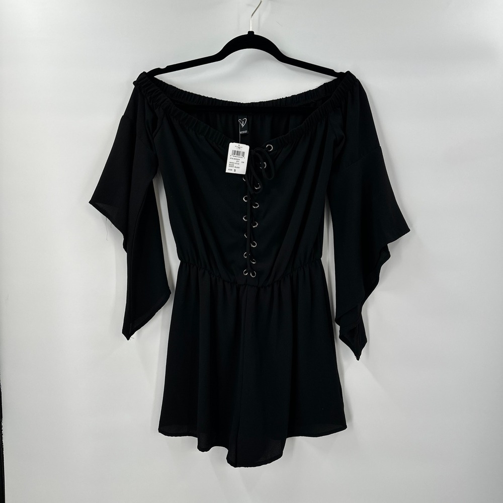 New Gothic Black Romper Small Front Lace Up Witchy Indie Sleeze Dark Fairy